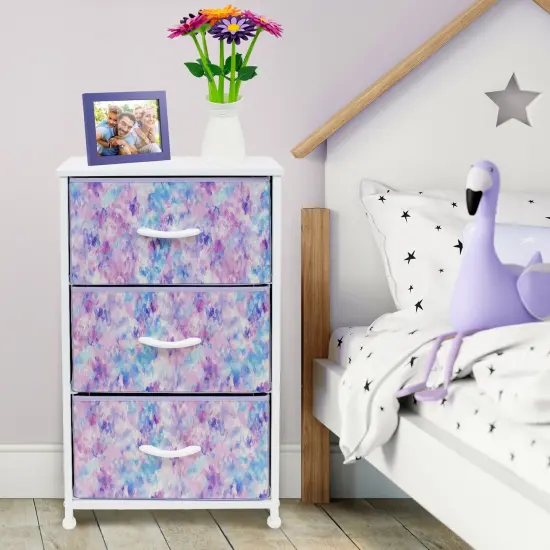 Sorbus Dresser with 3 Drawers - Bedside Furniture & Accent End Table Chest for Home, Bedroom Accessories, Office, College Dorm, Steel Frame, Wood Top, Fabric Drawers Tie Dye Purple {4}