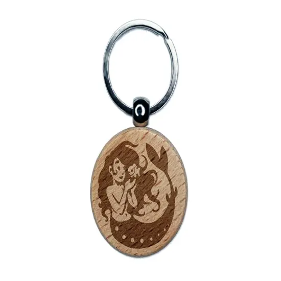 Mermaid and Fish Friend Engraved Wood Round Keychain Tag Charm {1}