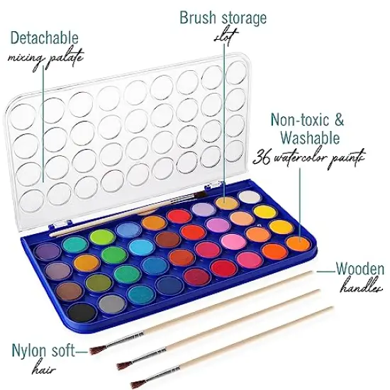 Watercolor Paint Set, 36 Colors of Washable Watercolor Paint Includes Watercolor Palette and 3 Paint Brushes. Great Water Color kids paint {1}