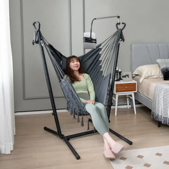 Height Adjustable Hammock Chair with Phone Holder and Side Pocket-grey {1}