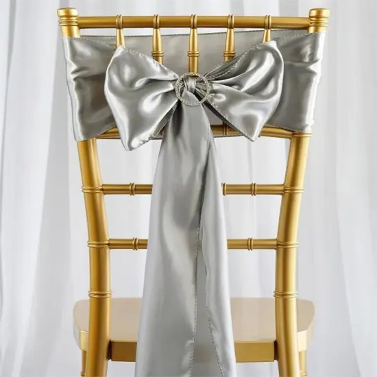 10Pcs Satin Chair Sashes for Wedding Reception Decor Silver {1}