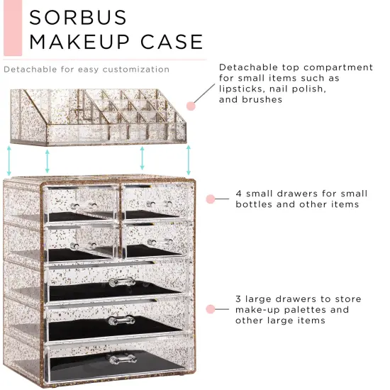 Sorbus Medium Makeup Organizer Set - (3 Large / 4 Small Drawers/Top Tray) Glitter {3}