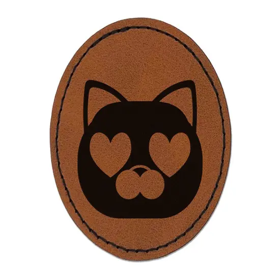 Round Cat Face Love Heart Eyes Round Iron-On Engraved Faux Leather Patch Applique - 2.5" Brown {1}