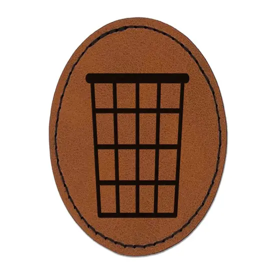 Waste Trash Basket Round Iron-On Engraved Faux Leather Patch Applique - 2.5" Brown {1}