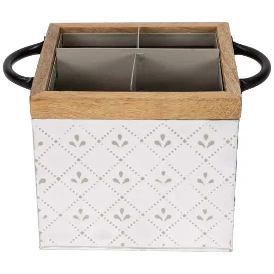 Northlight 7" White Embossed Square Utensil Storage Box with Wooden Frame {5}