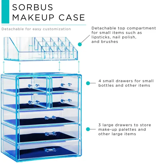 Sorbus Medium Makeup Organizer Set - (3 Large / 4 Small Drawers/Top Tray) Blue {3}