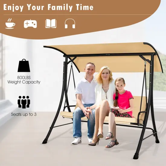 3-Seat Outdoor Porch Swing with Adjustable Canopy and Padded Cushions-Beige {2}