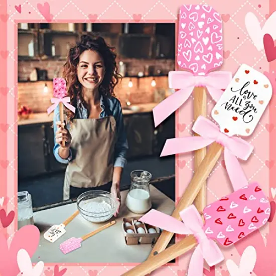 3 Pieces Valentine's Day Silicone Spatulas with Wooden Handles Valentine Pattern Heat Resistant Baking Spatulas Silicone Spatulas with Pink Satin Ribbon Bows for Baking, Cooking and Sauteing {3}