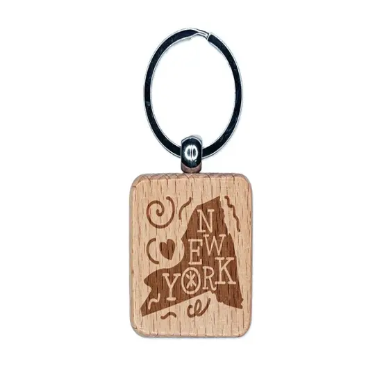 New York State with Text Swirls Engraved Wood Square Keychain Tag Charm {1}