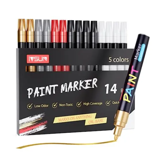 Paint Pens Paint Markers, 14 Pack Permanent Oil Based Markers, Medium Tip, 5 Colors, Never Fade Quick Drying and Waterproof Marker Pen Set for Metal, Wood, Fabric, Tire, Stone, Mugs, Glass, DIY Craft {1}
