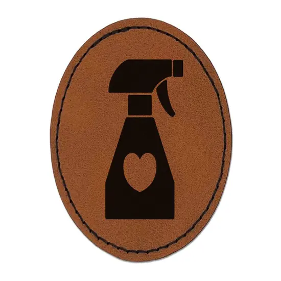 Spray Bottle Silhouette with Heart Round Iron-On Engraved Faux Leather Patch Applique - 2.5" Brown {1}