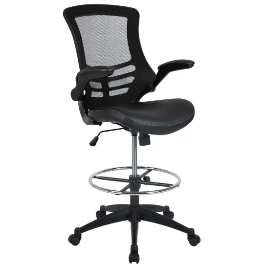 Emma and Oliver Mid-Back Mesh Ergonomic Drafting Chair with Foot Ring and Flip-Up Arms BlackMesh/BlackFrame {1}