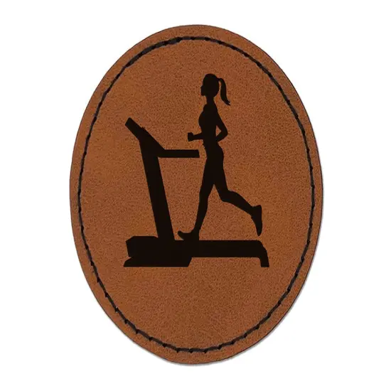 Woman Running on Treadmill Cardio Workout Gym Round Iron-On Engraved Faux Leather Patch Applique - 2.5" Brown {1}