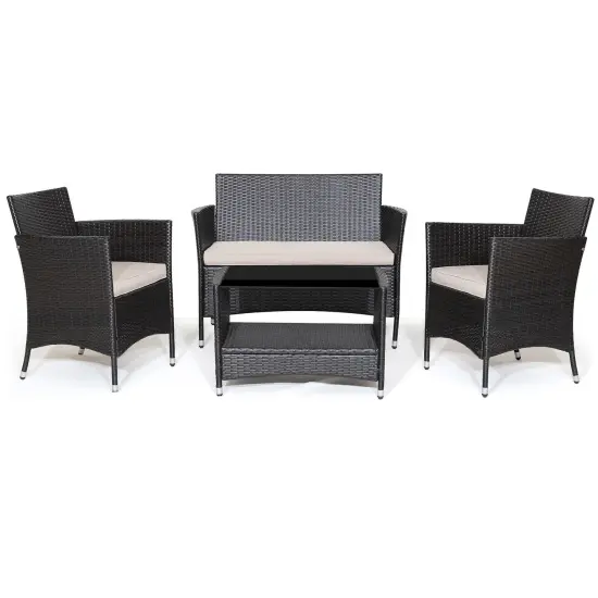 4 Pieces Patio Conversation Set with Soft Cushions and Tempered Glass Tabletop {1}