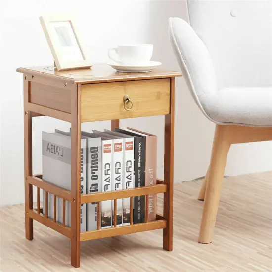 Bamboo 1 Drawer Side Cabinet Wooden Bedside Table Cabinet Storage. {3}