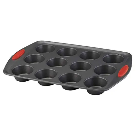 Nonstick Bakeware 12-Cup Muffin Tin With Grips / Nonstick 12-Cup Cupcake Tin With Grips - 12 Cup, Gray with Red Grips {1}