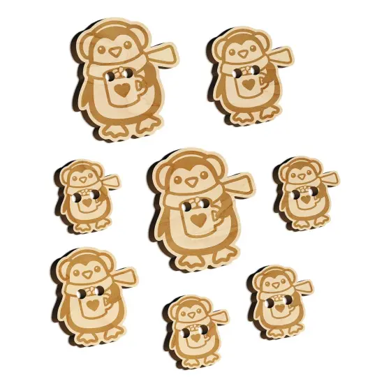 Winter Penguin with Hot Chocolate Heart Mug Wood Buttons for Sewing Knitting Crochet DIY Craft {7}