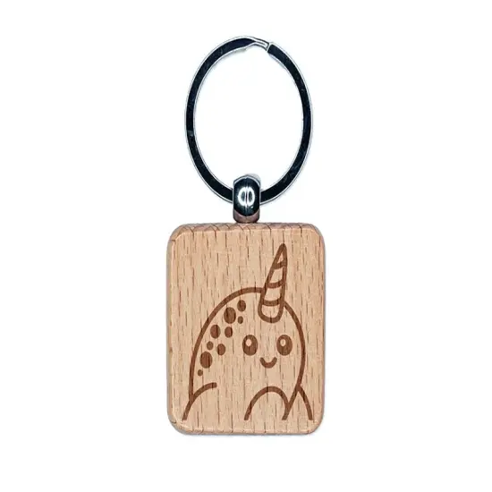 Peeking Narwhal Engraved Wood Square Keychain Tag Charm {1}
