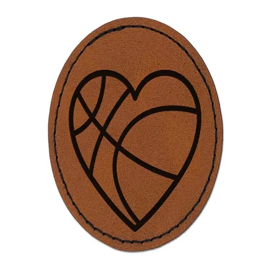 Heart Shaped Basketball Sports Round Iron-On Engraved Faux Leather Patch Applique - 2.5" Brown {1}