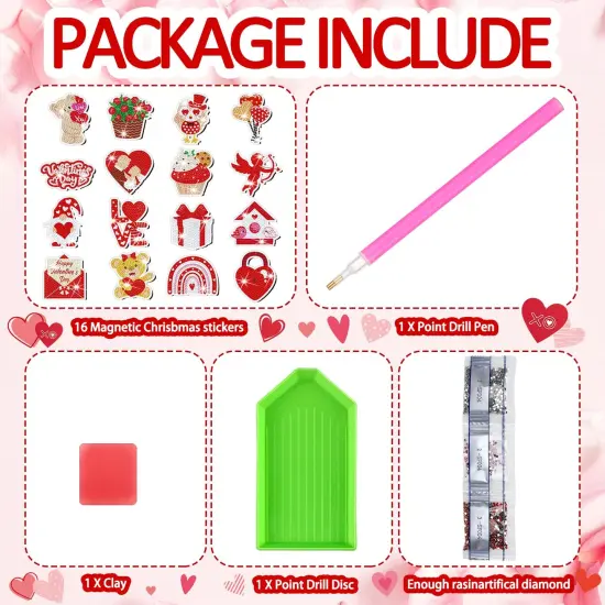 16 Pieces Valentine's Day Diamond Painting Magnets for Refrigerator Heart Love Gnome Diamond Art Magnets DIY Red Valentines Day Diamond Painting Kits Diamond Art for Adults Kids Crafts Gifts {3}