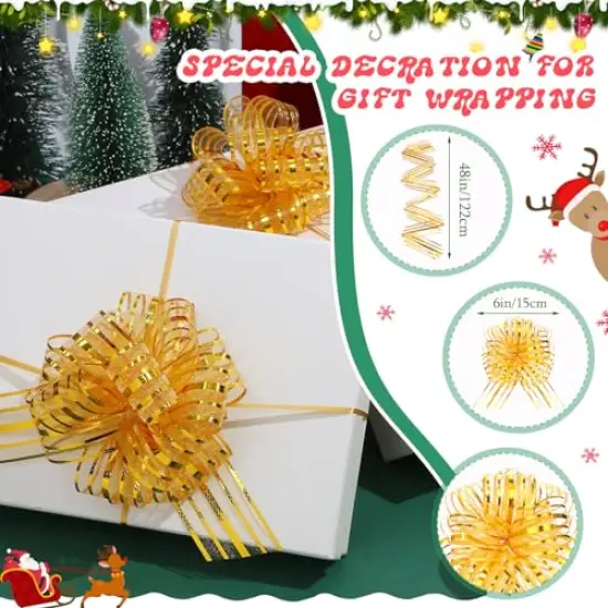 12 Pieces Pull Bow Large Organza Gift Wrapping Pull Bows with Ribbon for Christmas Presents Wedding Gift Wrapping Baskets (Gold,6 inch) {6}