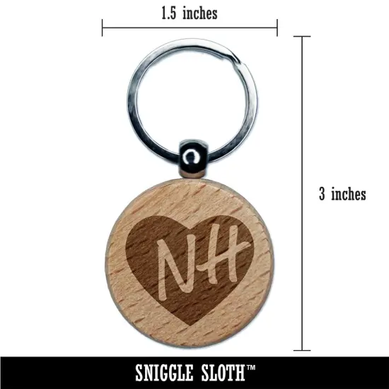 NH New Hampshire State in Heart Engraved Wood Round Keychain Tag Charm {2}