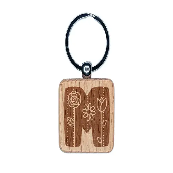 Sweet and Cute Flowers Rounded Block Letter M Engraved Wood Square Keychain Tag Charm {1}