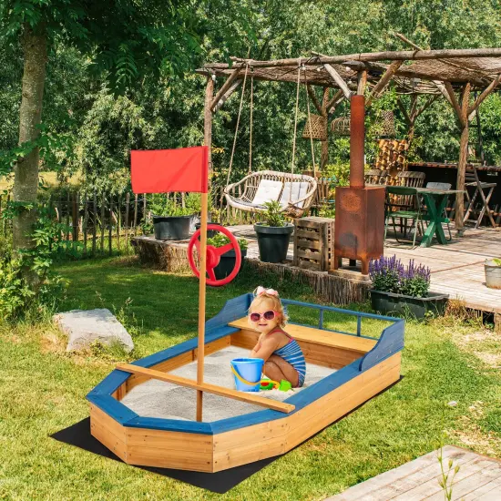 Kids' Pirate Boat Sandbox with Flag and Rudder {2}