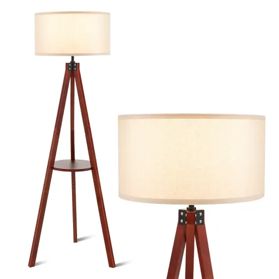 Brown Rubber Wood Linen Tripod Floor Lamp with Shelf and E26 Socket for Living Room and Bedroom {1}