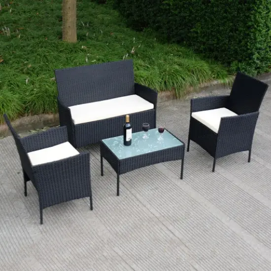 4 PCS Outdoor Rattan Wicker Cushioned Seat With A Loveset {1}