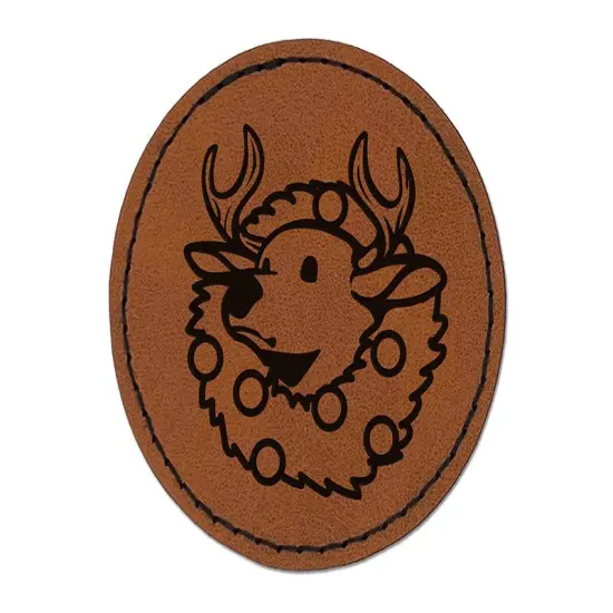 Christmas Deer Mount in Wreath Round Iron-On Engraved Faux Leather Patch Applique - 2.5" Brown {1}
