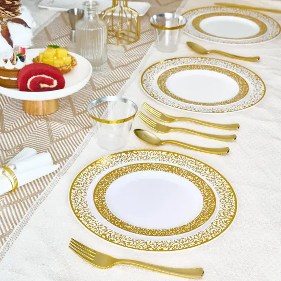 150 Pieces Gold Dinnerware Set, Elegant Plastic Plates Disposable Include: 25 Gold Lace Plastic Plates, 25 Dessert Plates, 25 Forks, 25 Knives, 25 Spoons, 25 Cup, Ideal for Party, Birthday {6}