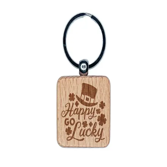 Happy Go Lucky Leprechaun Hat Shamrocks St. Patrick's Day Engraved Wood Square Keychain Tag Charm {1}