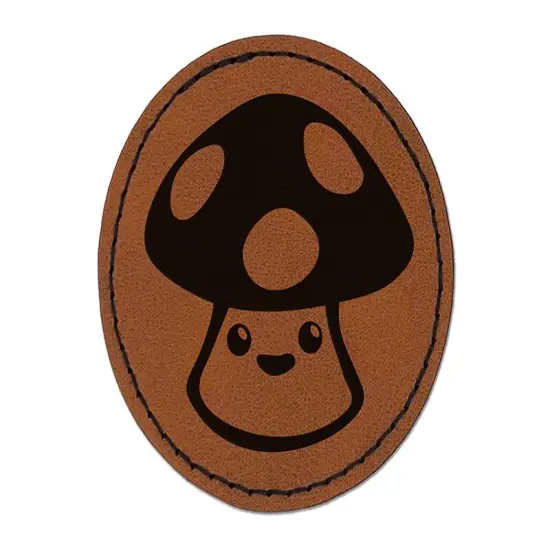Cute Kawaii Toadstool Mushroom Round Iron-On Engraved Faux Leather Patch Applique - 2.5" Brown {1}