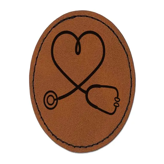 Nurse Doctor Heart Shaped Stethoscope Round Iron-On Engraved Faux Leather Patch Applique - 2.5" Brown {1}