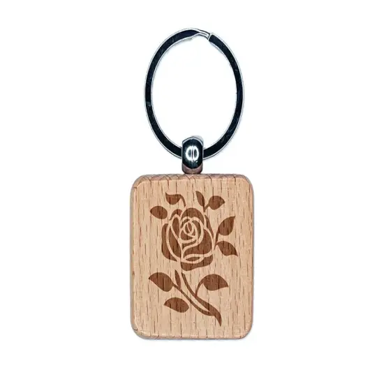 Elegant Rose Stem with Leaves Engraved Wood Square Keychain Tag Charm {1}