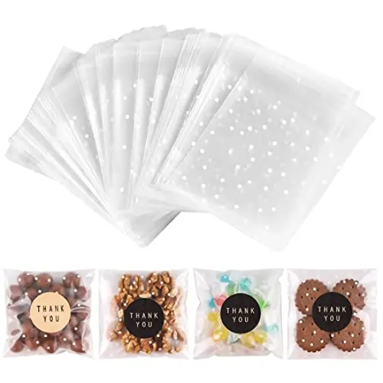 100 PACK Self Adhesive Cookie Bags Cellophane Treat Bags Thank You Candy Bags for Gift Giving with Stickers(White Polka Dot,4x4 INCH) {2}