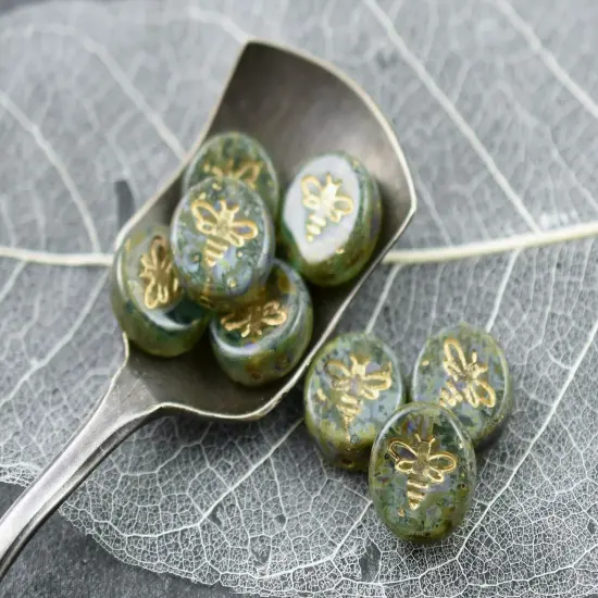 *12* 12mm Gold Washed Green Aqua Picasso Bee Coin Beads {4}