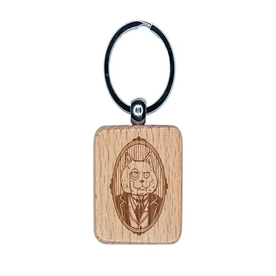 Victorian British Shorthair Cat Portrait Engraved Wood Square Keychain Tag Charm {1}