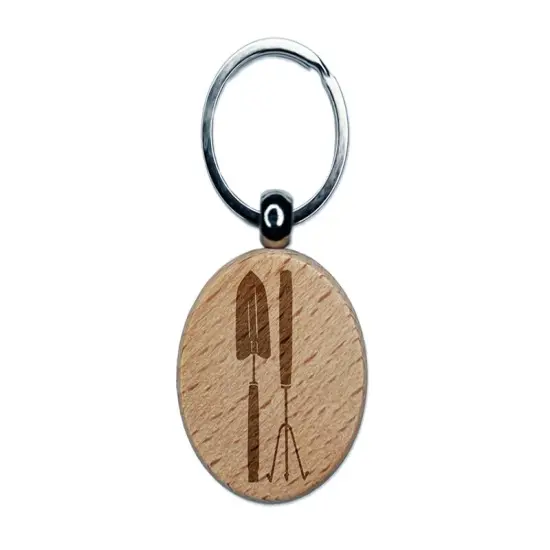 Gardening Tools Trowel Hand Rake Engraved Wood Round Keychain Tag Charm {1}