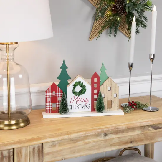 Northlight Wooden "Merry Christmas" Houses with Trees Decoration - 15" - Red and Green {3}