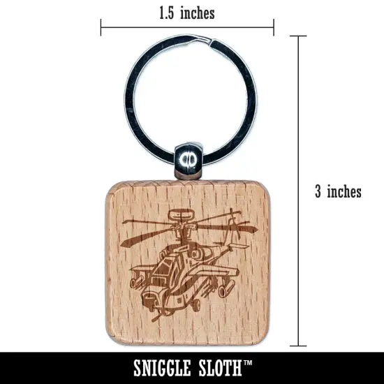Cartoon Military Apache Attack Helicopter Chopper Engraved Wood Square Keychain Tag Charm {2}