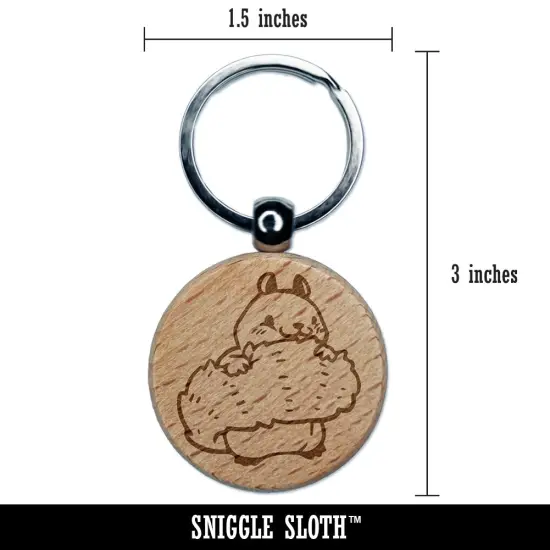 Shy Squirrel Hiding Behind Tail Engraved Wood Round Keychain Tag Charm {2}