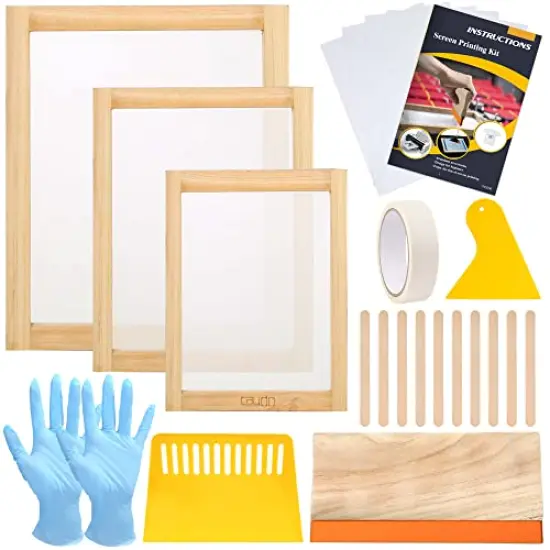 24 Pieces Screen Printing Kit, Include 3 Sizes Wood Silk Screen Printing Frame with 110 Mesh, Screen Printing Squeegees, Transparency Inkjet Film, Masking Tape {1}