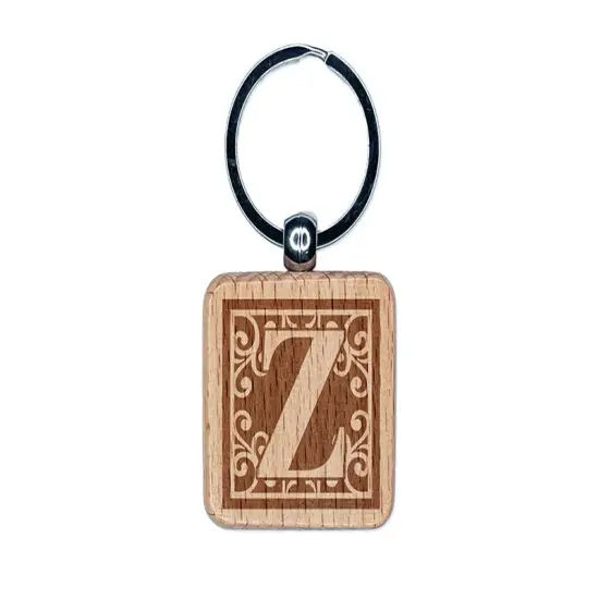 Monogram Swirls Capital Letter Z Engraved Wood Square Keychain Tag Charm {1}
