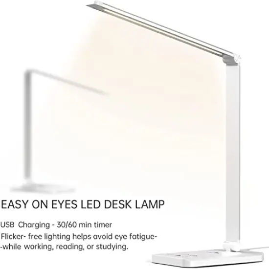 LED Desk Lamp with USB Charging Port, Dimmable Eye-Caring Reading Desk Light for Home, with 5 Brightness Level & 3 Lighting Modes, Touch Control, Auto Timer (White) {3}