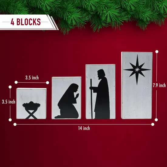 Ornativity Wooden Block Nativity Scene - Black Silhouette Christmas Figures on White Painted Wood Blocks Indoor Nativity Table Top Set Decorations - 1 Set {6}