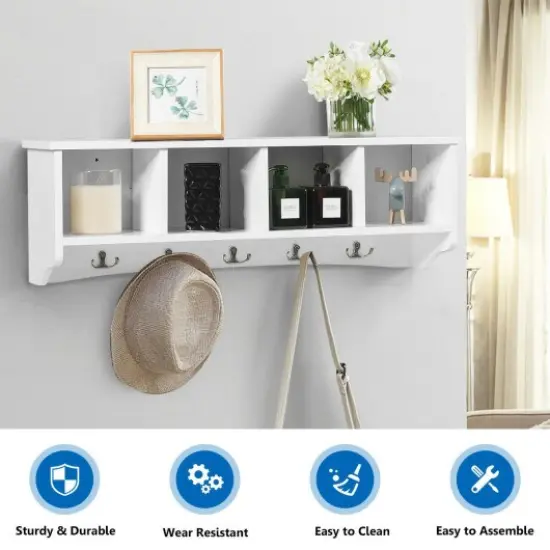 White MDF Wall Mounted Storage Cabinet with Hooks and Organizer Shelf for Entryway Kitchen Bedroom {3}