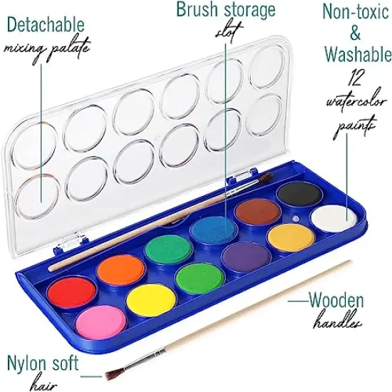 2 Pack Watercolor Paint Set 12 Vivid Colors Includes Watercolour Mixing Palette and 1 Brushe, Perfect For Artists, Beginner Painters, Kids and Adult Painting {5}