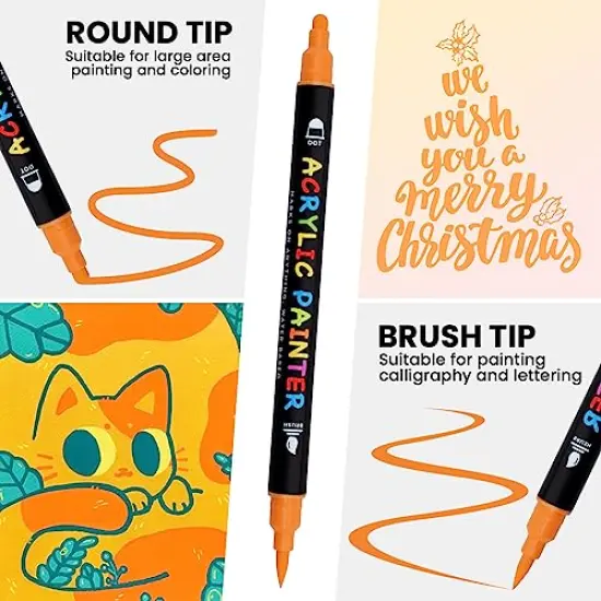 18 Colors Paint Pens, Acrylic Paint Pens Paint Markers, Dual Tip Pens With Medium Tip and Brush Tip for Rock Painting, Wood, Ceramic, Fabric, Canvas, Easter Eggs, Pumpkin Kit, DIY Crafts {5}